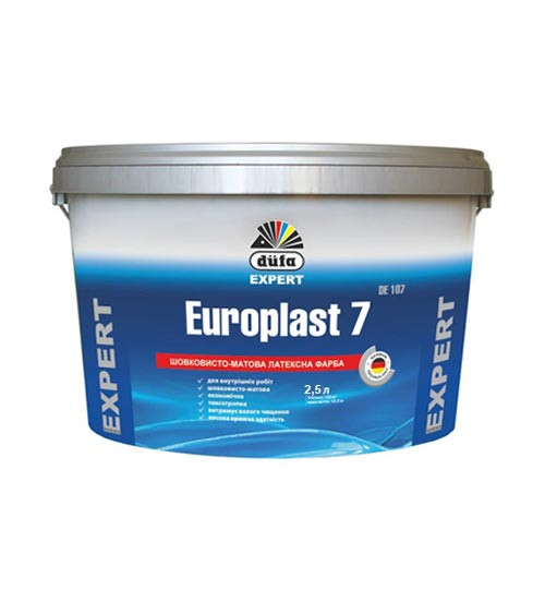 Інтер’єрна латексна шовковисто-матова фарба Дюфа Europlast 7 DЕ 107, білий, 2,5 л