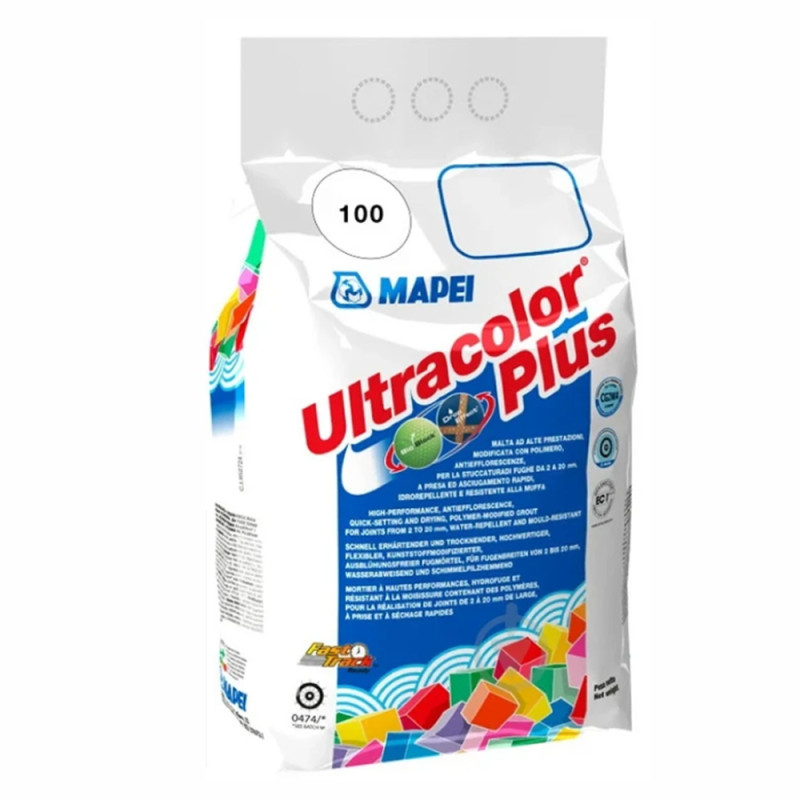 Шов кольоровий еластичний водостійкий Мапеі (Mapei) Ultracolor Plus 100, білий, 2кг