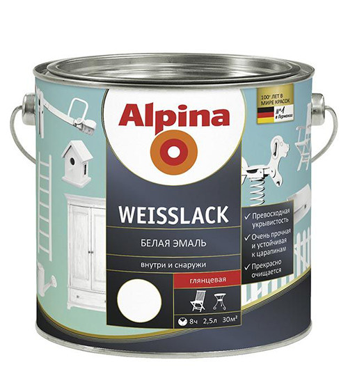 Емаль алкідна WEISSLACK, Альпіна(Alpina), білий глянець, 2,5 л
