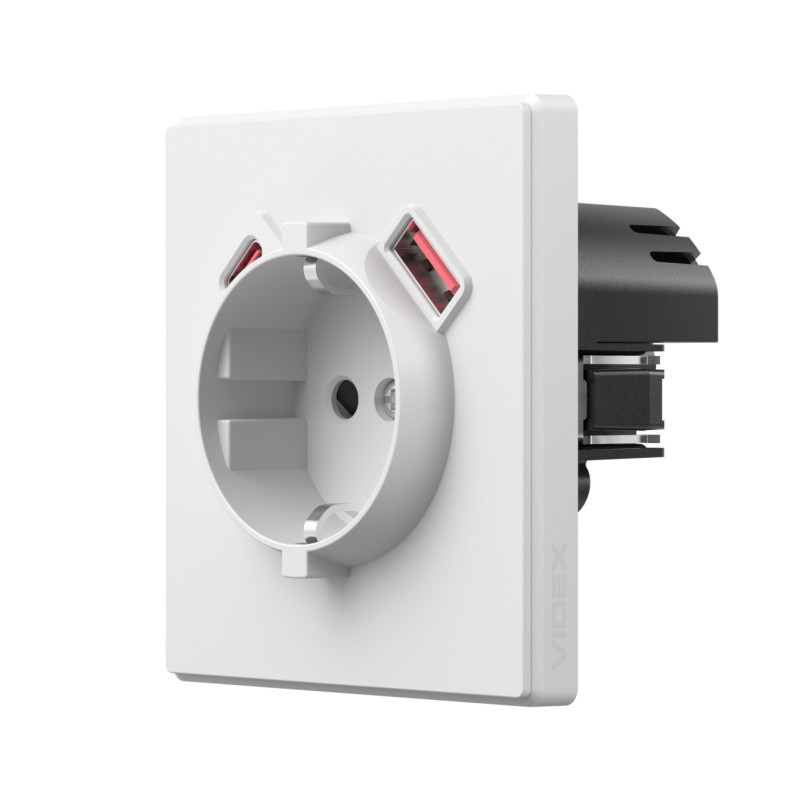 Розетка одноместная с заземлением Видекс (Videx) USB-A+C 20W, белый матовый